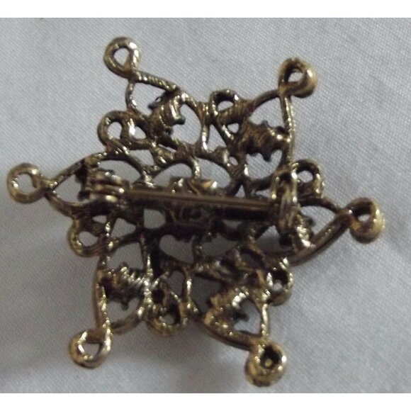 Vintage Brooch Pin Antiqued Gold Tone Hexagon Faux Pearl Green Gemstones 6-Sided - Picture 3 of 4